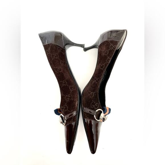 Gucci Horsebit Web Stripe GG Pump Size 8.5 Brown Suede Pointed Toe Kitten Heel - Picture 9 of 10